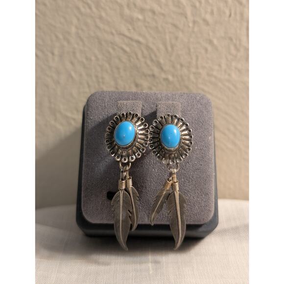 Vintage Signed QT Sterling Turquoise Feather Dangle Pierced Earrings - Picture 3 of 6